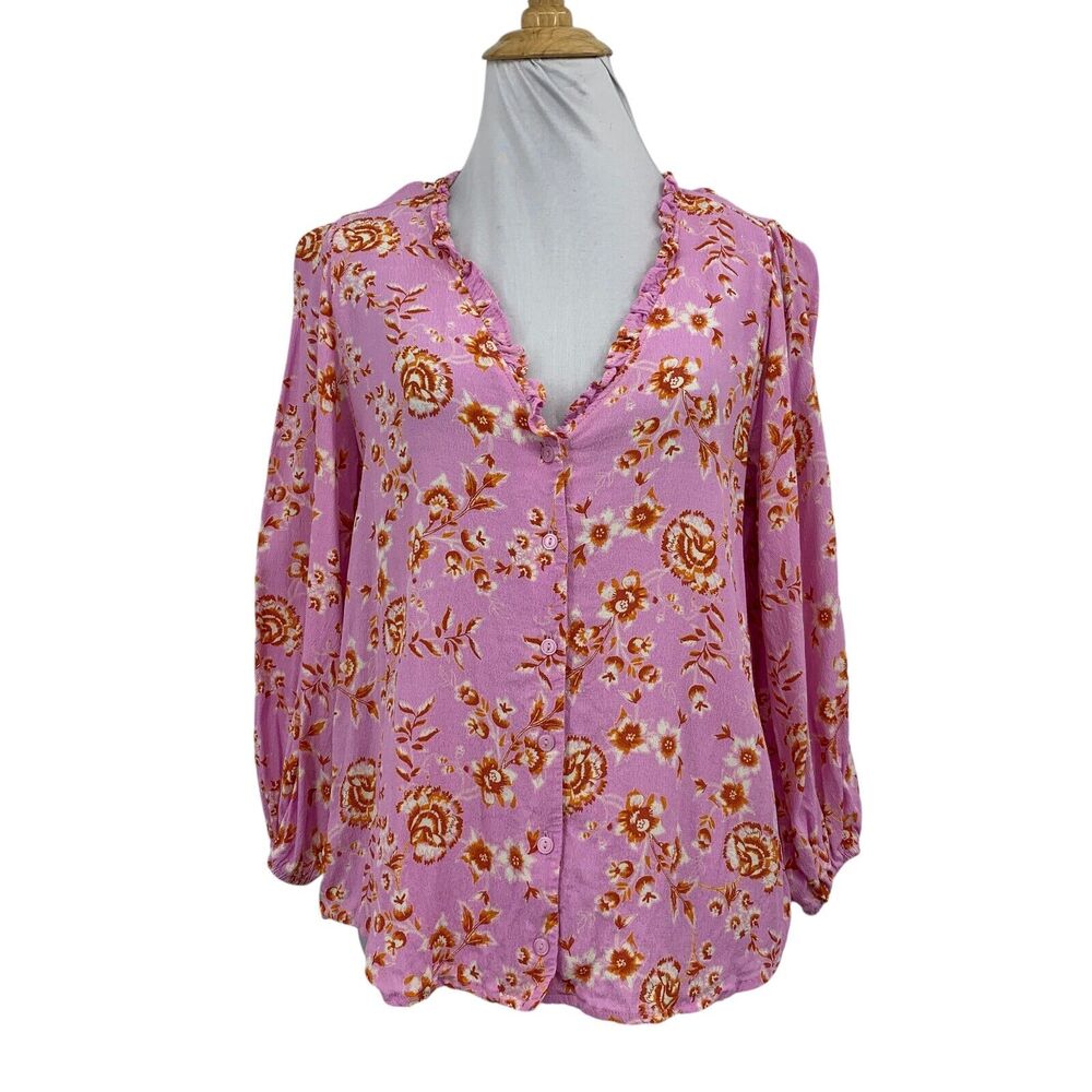 Lush Blouse Womens M Medium Pink Floral Rayon Puff Sleeve Button Front V‎ Neck